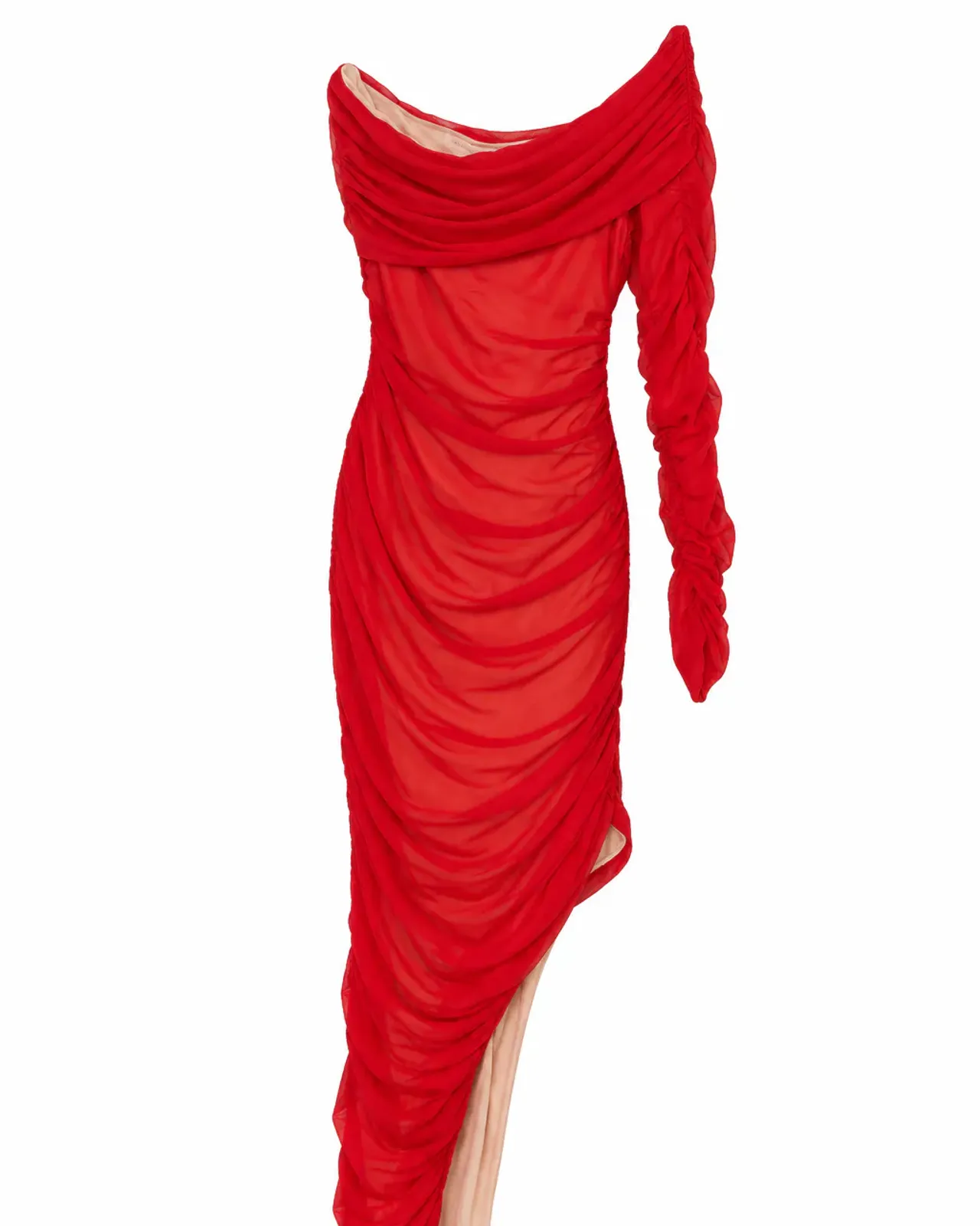 Red Draped One-Shoulder Maxi Dress